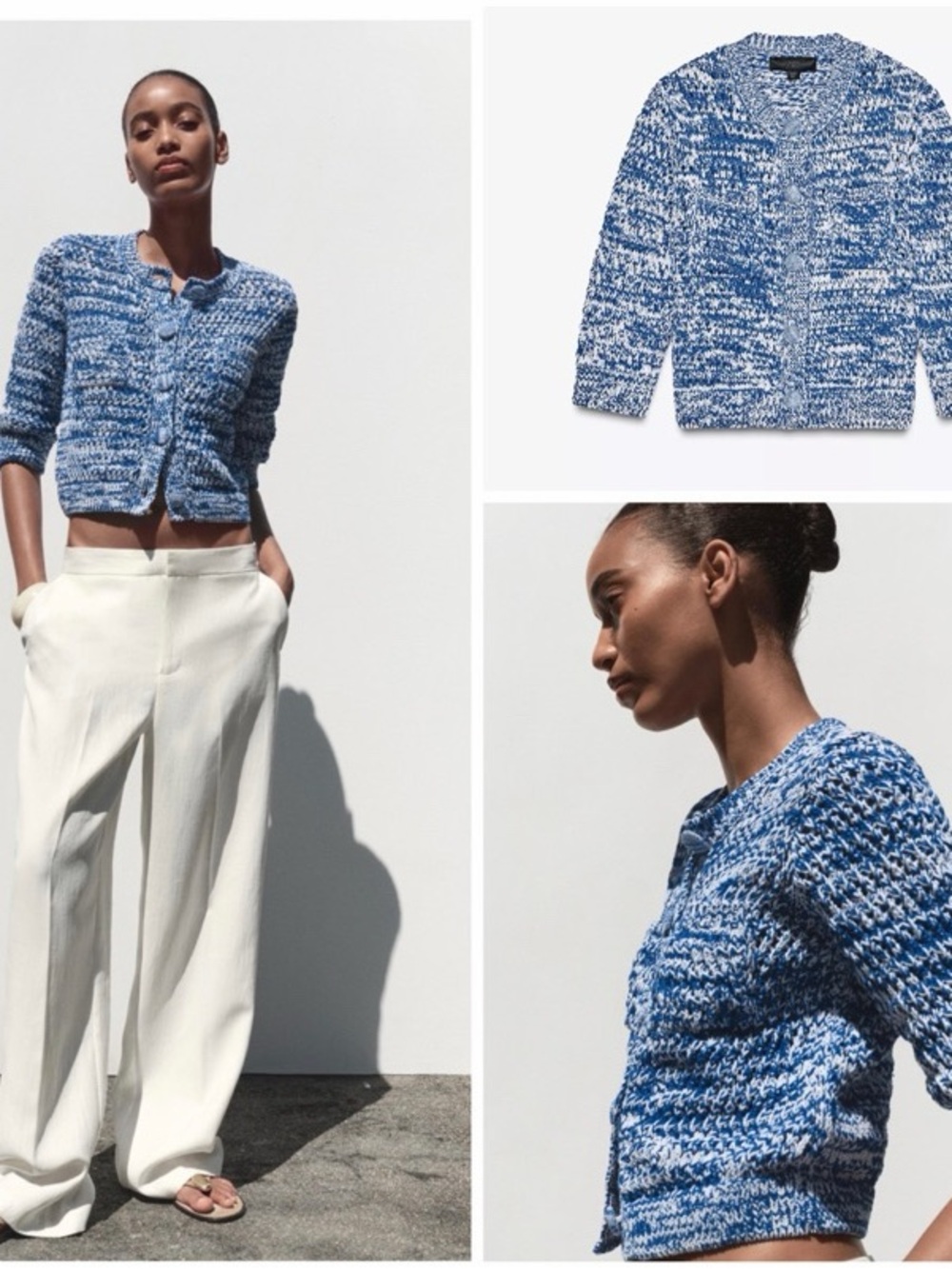 Blue and White Marled Button-Front Women's Sweater Cardigan